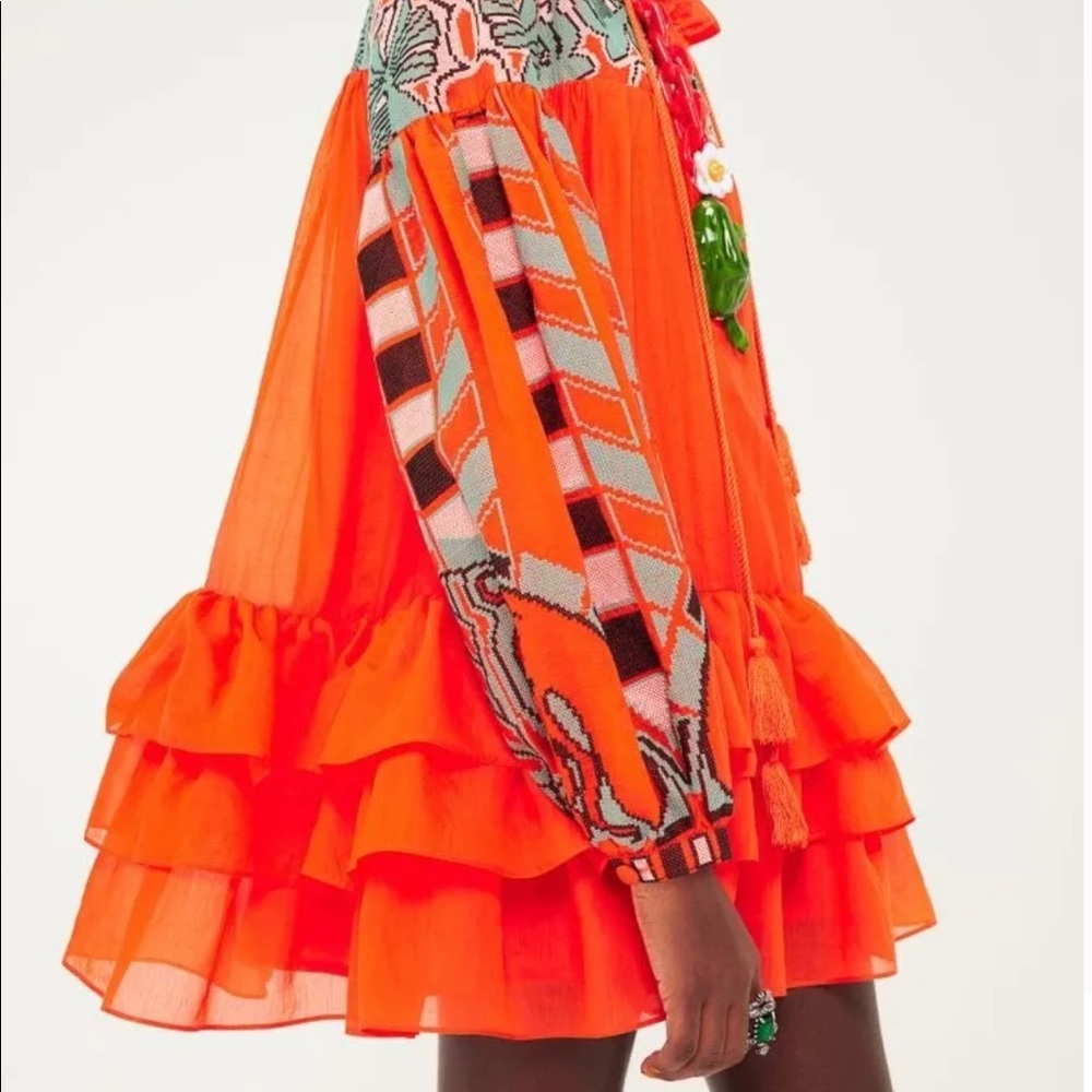 IRIS APFEL X H&M RARE Orange Flounce Embordered Hemmed Short Leaves Tunic Dress